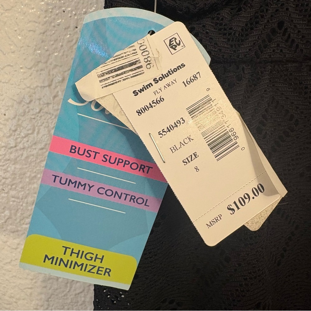 Swim Solutions Black Crochet Flyaway Tummy Control Swimdress Women Size 8 - Picture 10 of 11